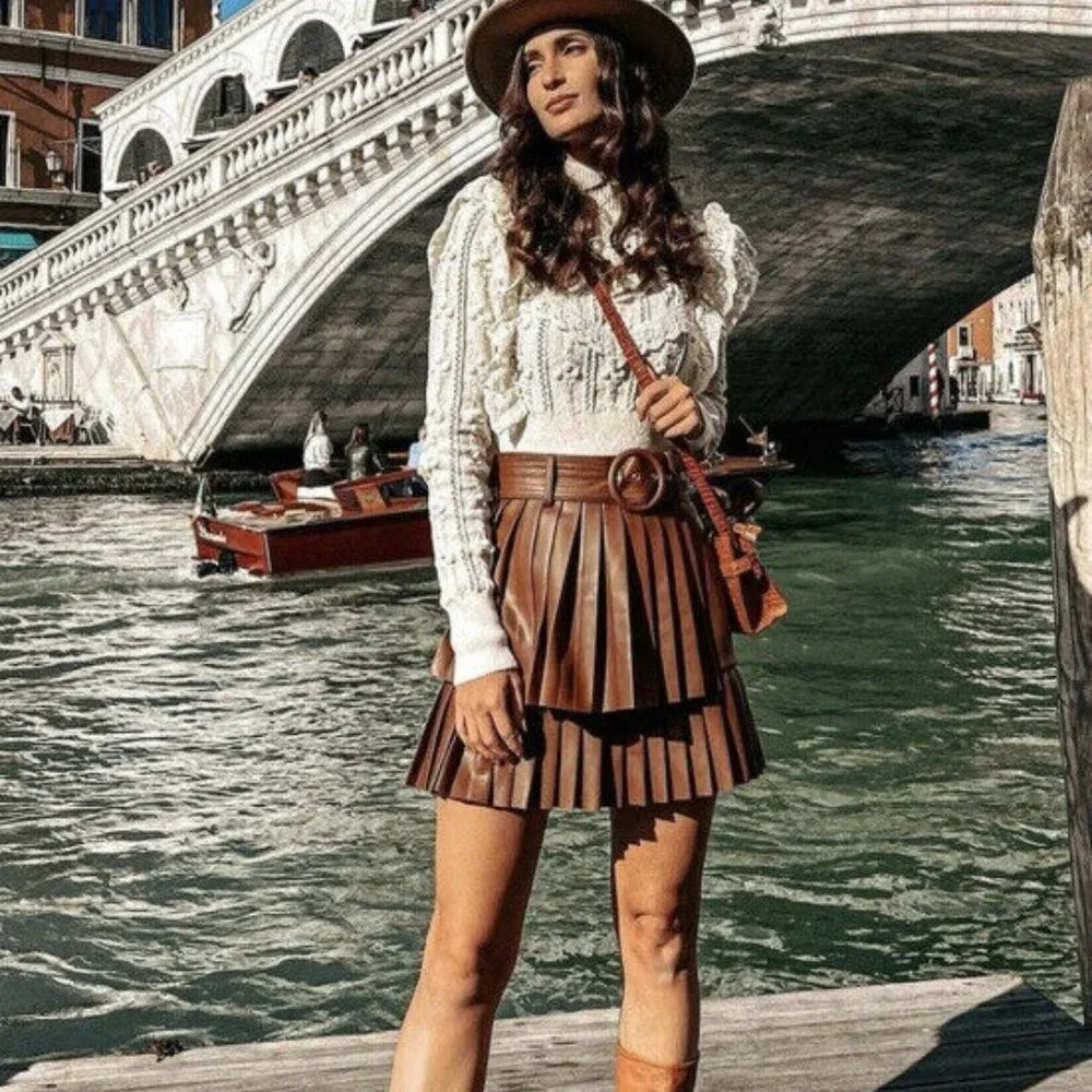 NWT ZARA PLEATED FAUX LEATHER SKIRT WHISKY 3046/328 - Picture 2 of 13